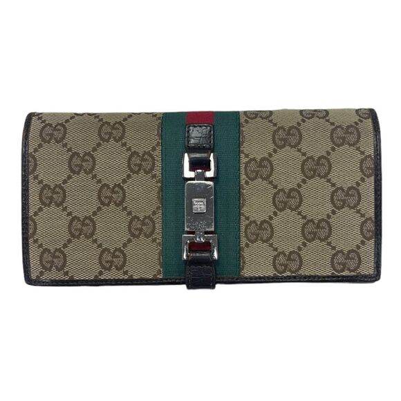 Gucci Canvas Web Logo Jackie Wallet Continental Canvas Leather Authentic - Picture 1 of 9